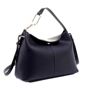 Soft Vegan Leather Medium Top-Handle 2 Way Hobo Handbag Black